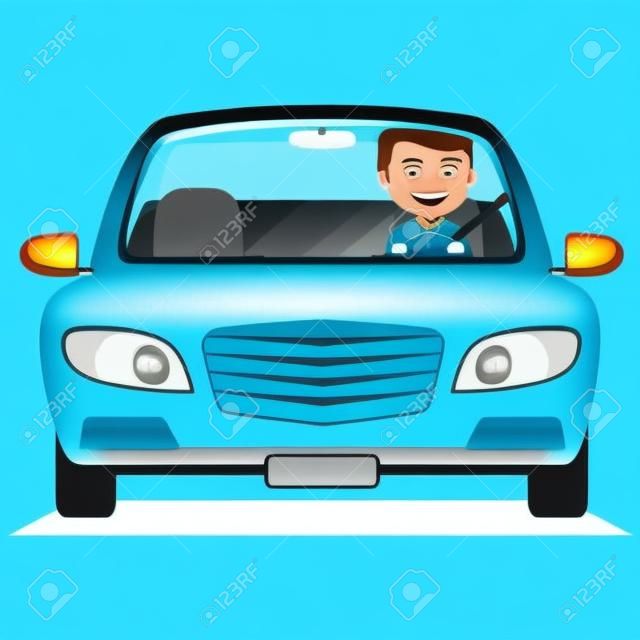 Młody człowiek jazdy niebieski samochód. Ilustracja wektorowa wesoły mężczyzna jazdy na na białym tle.