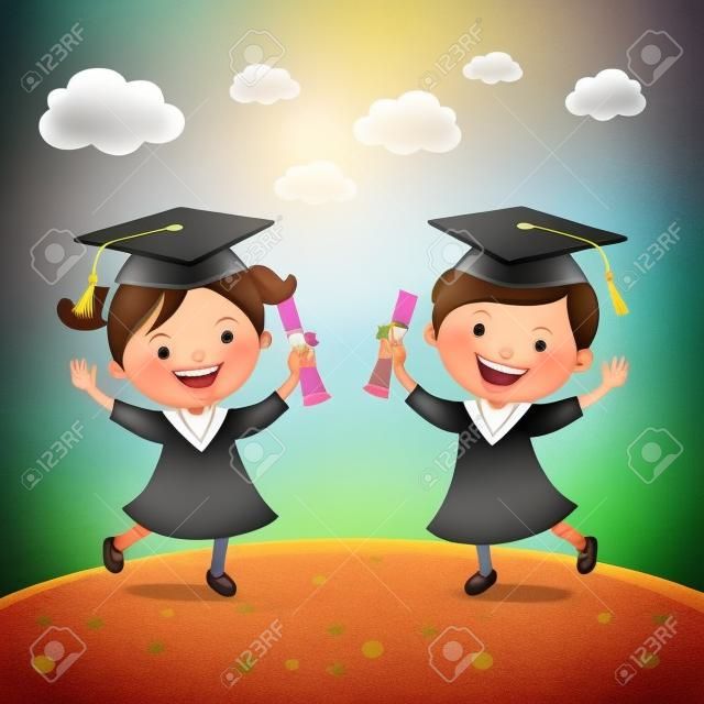 Niños graduados felices. Niños pequeños saltando de alegría para celebrar su día de graduación de jardín de infantes.