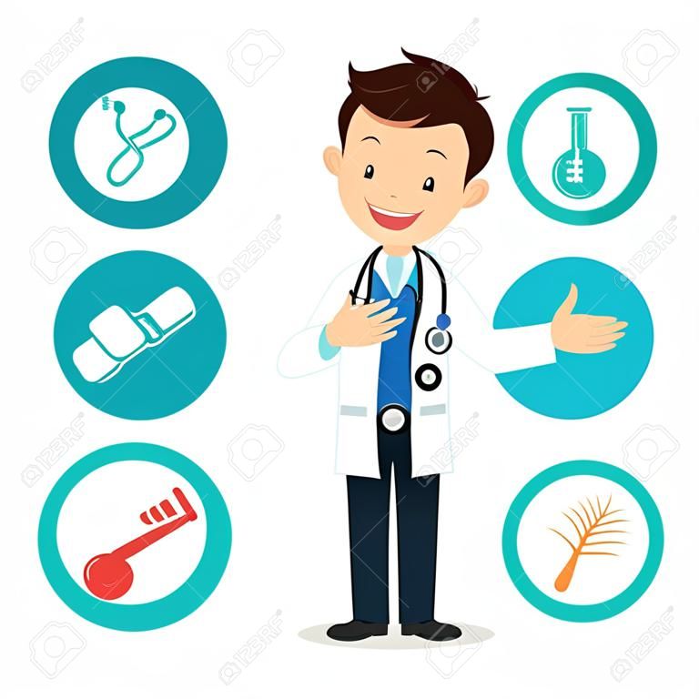 Hi doctor. Vector illustration of a cheerful doctor gesturing with medical icons.