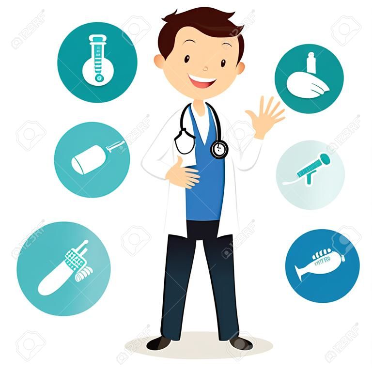 Hi doctor. Vector illustration of a cheerful doctor gesturing with medical icons.