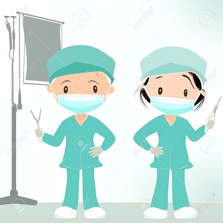 Chirurgen in het operatietheater. Chirurgen gekleed voor het operatietheater en met chirurgische instrumenten.