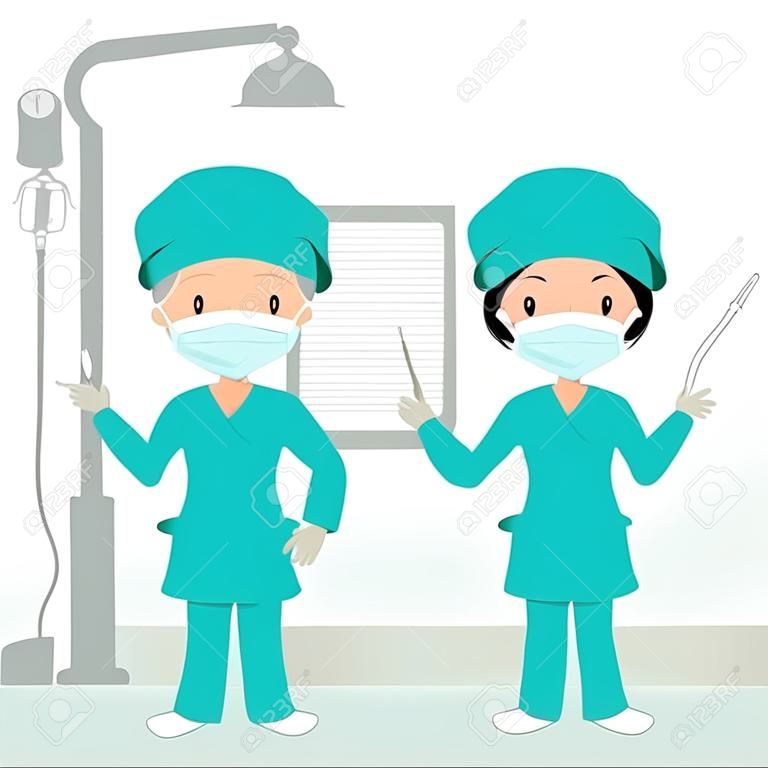Cirujanos en el quirófano. Cirujanos vestidos para el quirófano y sosteniendo instrumentos quirúrgicos.
