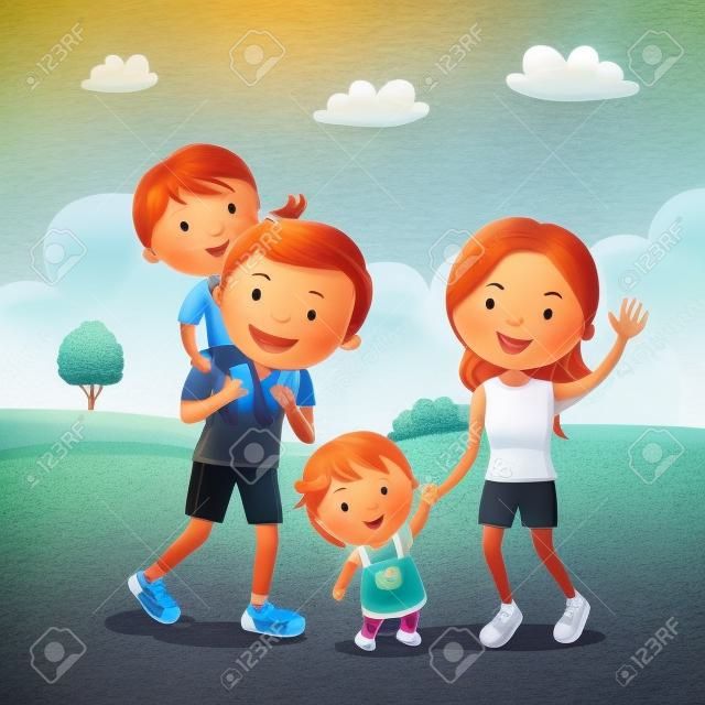 公園を歩く家族