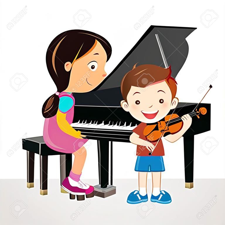 Kids plays piano and violin together, a cartoon sketch vector illustration