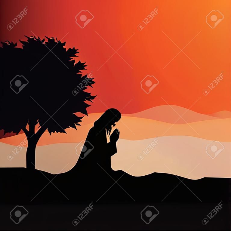 Jesus praying. Vector illustration of praying in Gethsemane.