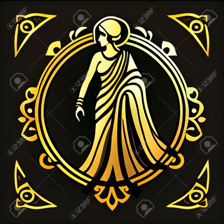 Starożytna grecka kobieta w ilustracji wektorowych złotego koła na czarnym tle