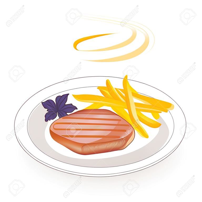 Na talerzu z gorącym smażonym stekiem mięsnym. Udekoruj smażone ziemniaki. Pyszne i pożywne jedzenie na śniadanie, obiad i kolację. Ilustracja wektorowa.