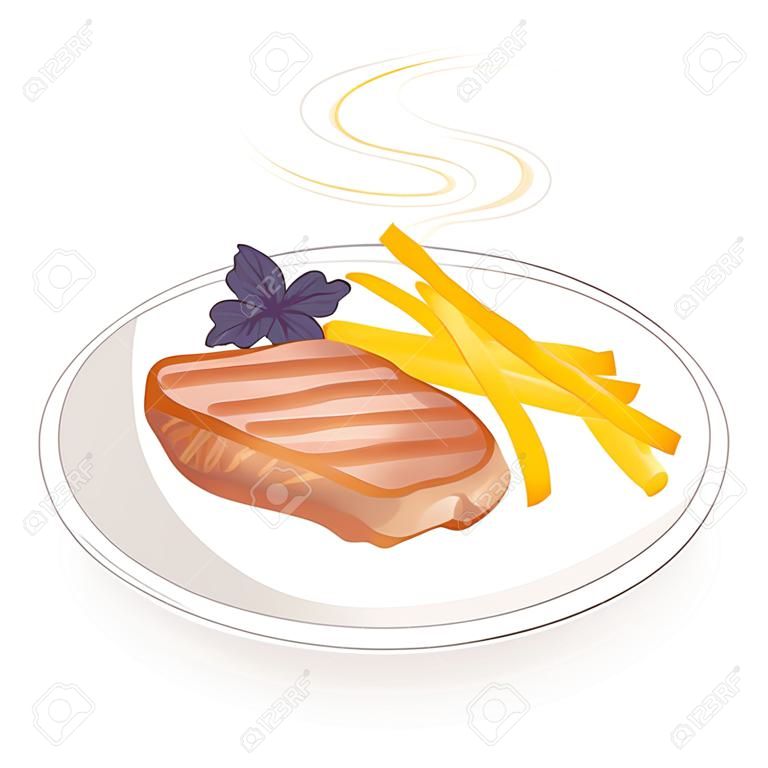 Na talerzu z gorącym smażonym stekiem mięsnym. Udekoruj smażone ziemniaki. Pyszne i pożywne jedzenie na śniadanie, obiad i kolację. Ilustracja wektorowa.