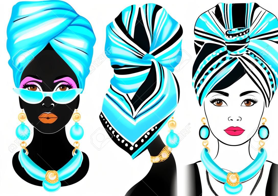 Colección. Cabeza de la dulce dama. En la cabeza de una niña afroamericana hay una bufanda y un turbante brillantes y brillantes. La mujer es hermosa y elegante. Conjunto de ilustración vectorial.