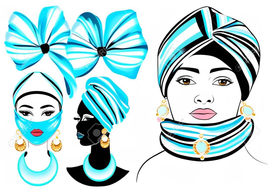 Colección. Cabeza de la dulce dama. En la cabeza de una niña afroamericana hay una bufanda y un turbante brillantes y brillantes. La mujer es hermosa y elegante. Conjunto de ilustración vectorial.