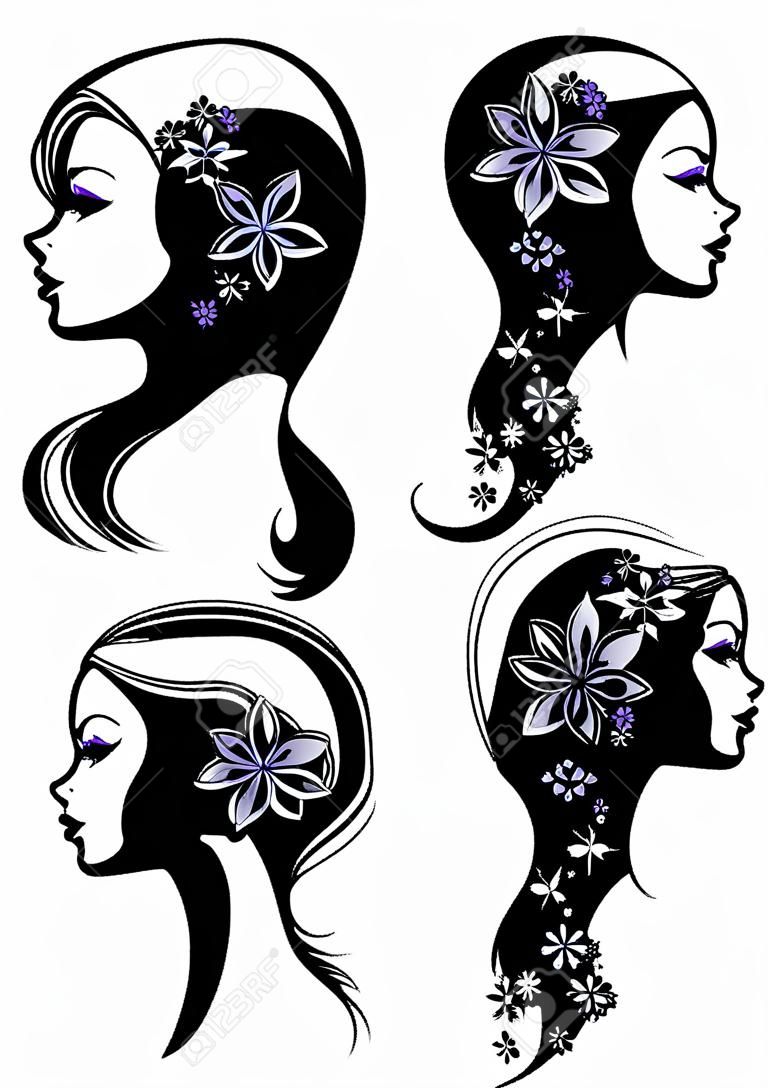 Collection. Silhouette profile of a cute lady s head. The girl has a haircut tail for long beautiful hair, decorated with purple flowers. Suitable for logo, advertising. Vector illustration set.