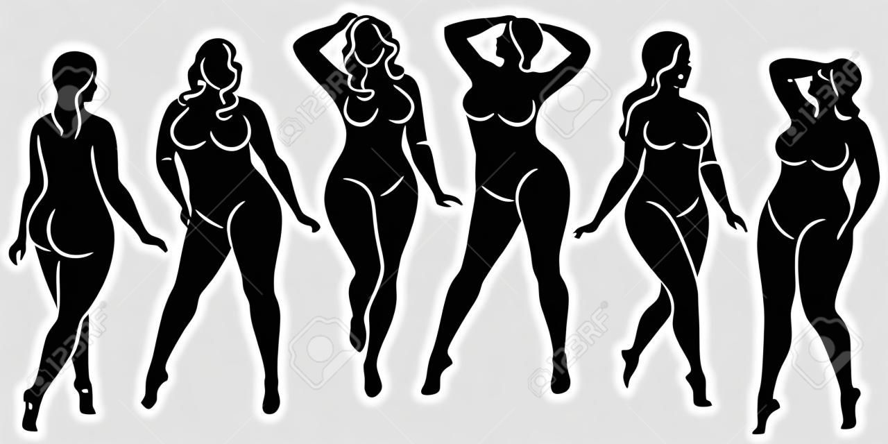 Vector illustration of overweight woman silhouettes. Black and white, differrent poses.