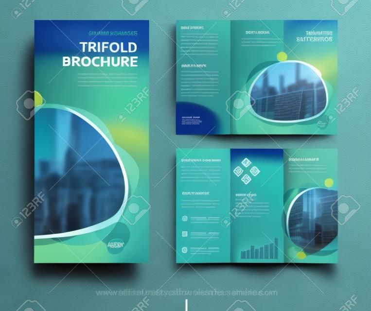 Design de la brochure Tri fold. Blue green business business template for tri fold flyer. Mise en page avec une photo carrée moderne et un fond abstrait. Panneau ou brochure pliable de conception créative.