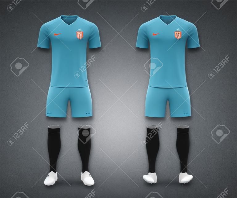 3D realistic template soccer kit with jersey, pants and socks on shop backdrop. Mockup of football team uniform