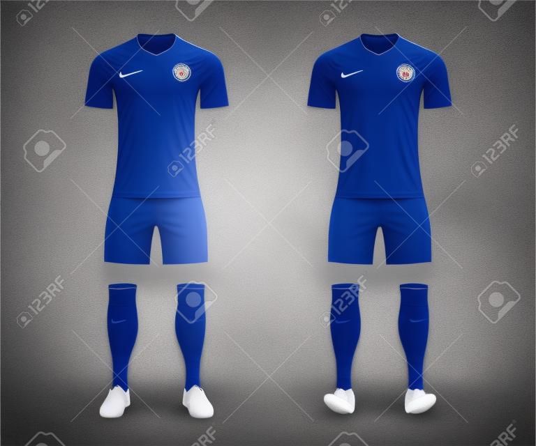 3D realistic template soccer kit with jersey, pants and socks on shop backdrop. Mockup of football team uniform