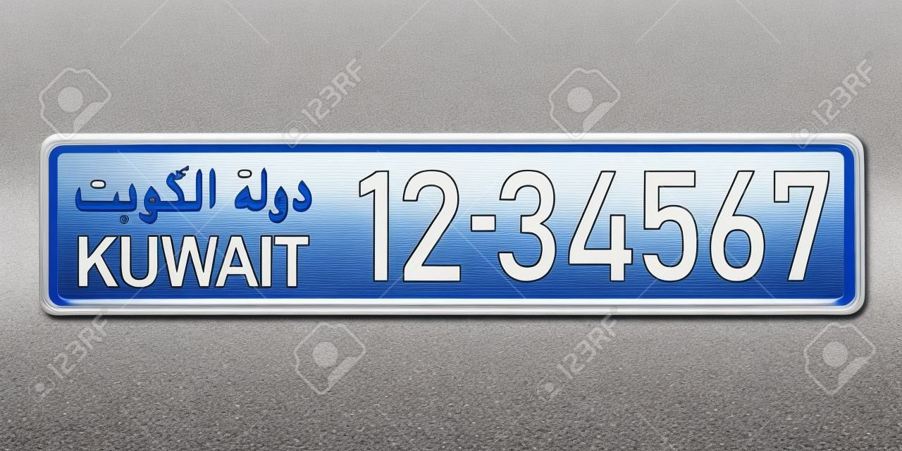 Car number plate. Vehicle registration license of Kuwait. With inscription Kuwait in Arabic. European Standard sizes