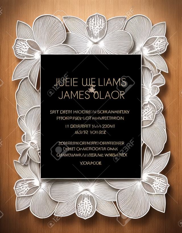Laser cut vector wedding invitation with orchid flowers for decorative panel. Perfect for wedding or announcements, mothers day, valentines day, birthday cards. Floral pattern. Stylized drawing of orchids. Vector orchid. laser cutting paper, wood.