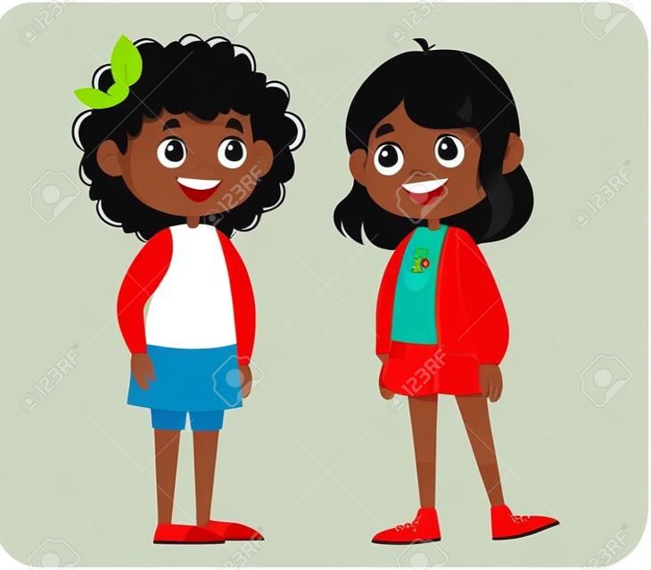 Duas crianças em idade escolar falam vector. as crianças riem e brincam. a mulher negra é bonita. duas meninas estão desenhos animados. ilustração engraçado clipart conjunto bonito
