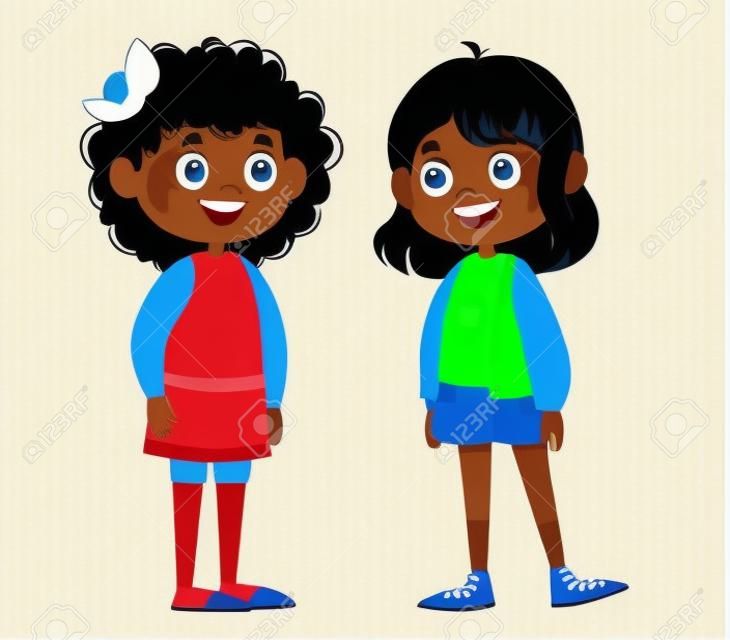 Duas crianças em idade escolar falam vector. as crianças riem e brincam. a mulher negra é bonita. duas meninas estão desenhos animados. ilustração engraçado clipart conjunto bonito