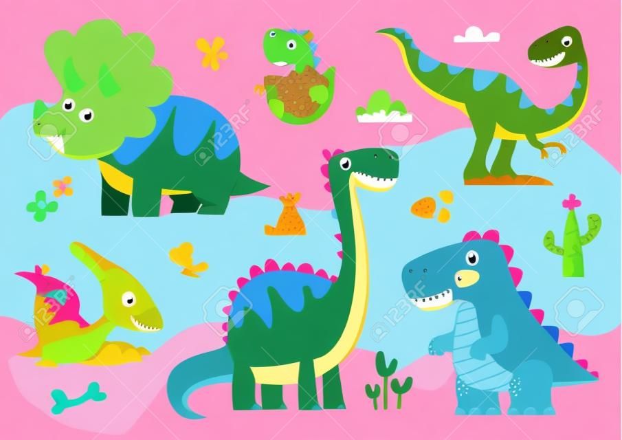 Clipart ensemble de mignons dinosaures colorés. T-rex, diplodocus, tricératops, ptérodactel. Illustration vectorielle en style cartoon.