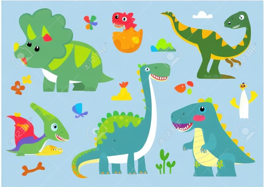 Clipart ensemble de mignons dinosaures colorés. T-rex, diplodocus, tricératops, ptérodactel. Illustration vectorielle en style cartoon.