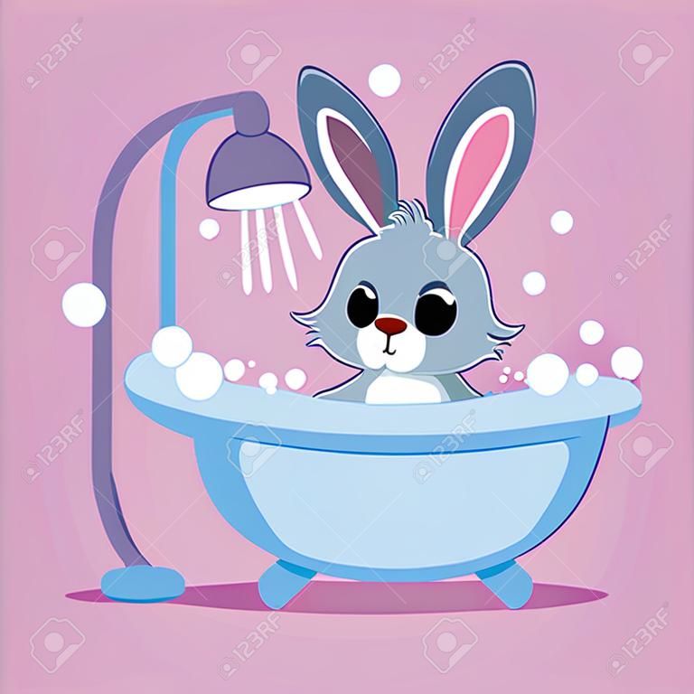 Cute Baby Rabbit sta facendo il bagno nella vasca da bagno. Stampa vettoriale per bambini. Personaggio dei cartoni animati di animali per bambini. Pulizia in bagno art.