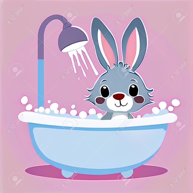 Cute Baby Rabbit sta facendo il bagno nella vasca da bagno. Stampa vettoriale per bambini. Personaggio dei cartoni animati di animali per bambini. Pulizia in bagno art.
