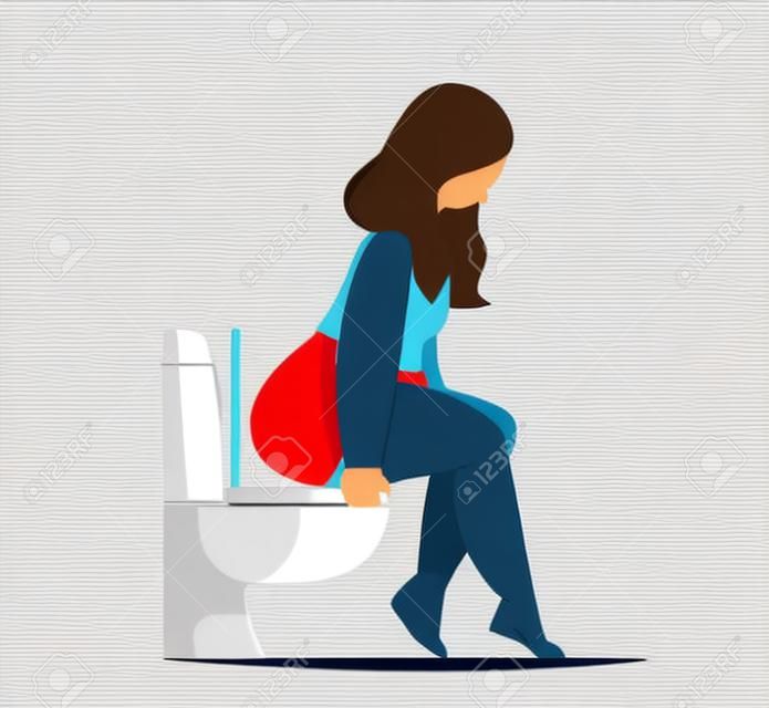 The girl is sitting on the toilet. Woman in the toilet. Hemorrhoids or diarrhea. Flat style vector character drawing. Lowered underwear. Overweight woman in bathroom fun