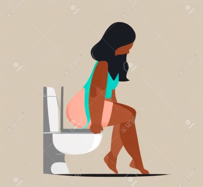 The girl is sitting on the toilet. Woman in the toilet. Hemorrhoids or diarrhea. Flat style vector character drawing. Lowered underwear. Overweight woman in bathroom fun