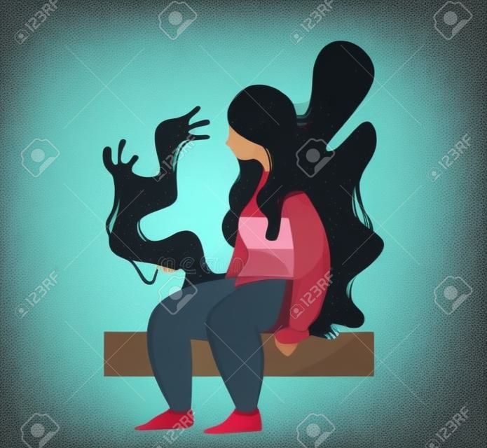Kobieta jest w depresji. koncepcja autyzmu, żalu, przemocy domowej lub apatii. potwór wyciąga ręce w stronę postaci. wektor ilustracja kreskówka smutnej dziewczyny siedzącej i za jej potworem.