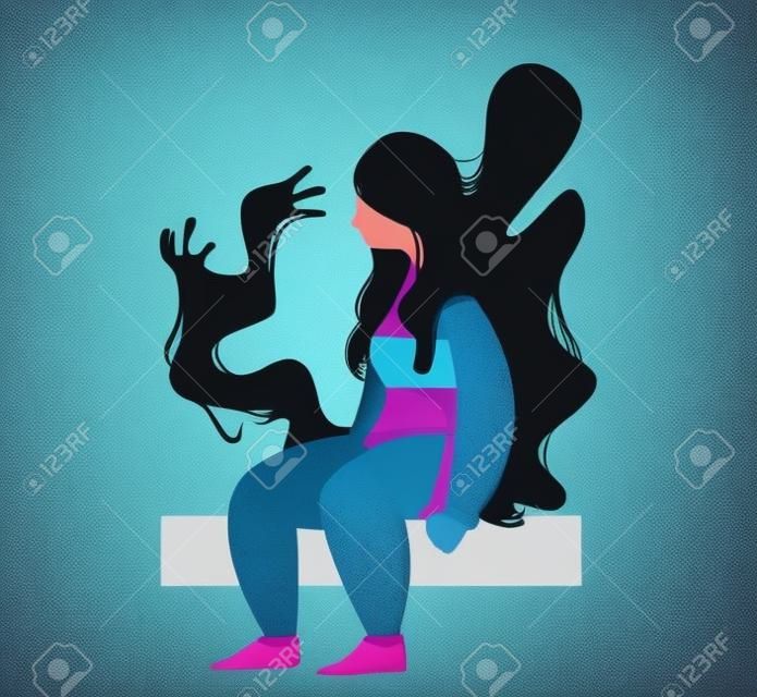 Kobieta jest w depresji. koncepcja autyzmu, żalu, przemocy domowej lub apatii. potwór wyciąga ręce w stronę postaci. wektor ilustracja kreskówka smutnej dziewczyny siedzącej i za jej potworem.