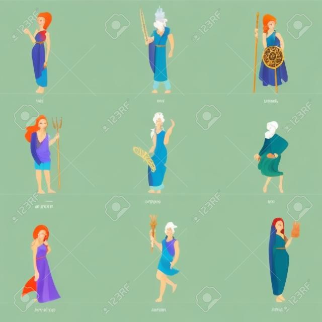 Conjunto de lindo personaje de dioses griegos en diferentes poses y ropa.
