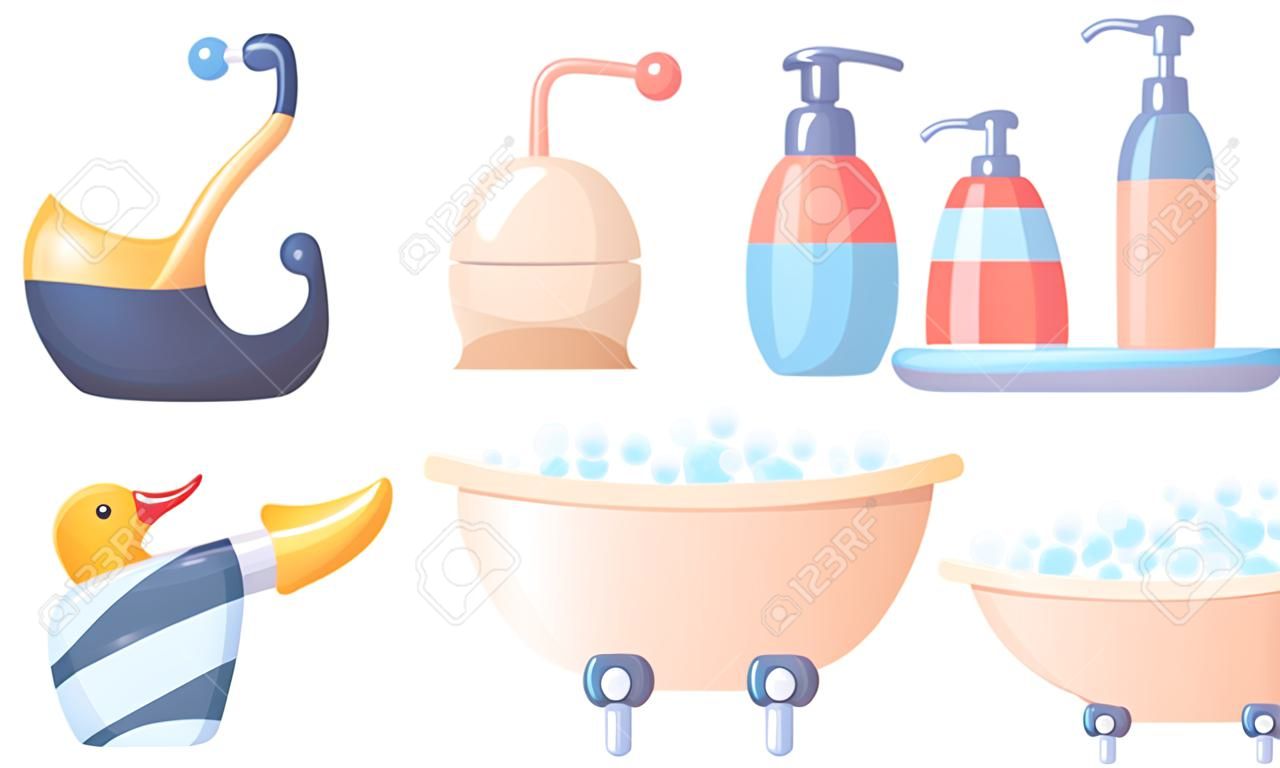 Set of bathroom accessories toothbrushes, toothpaste, toilet paper, liquid soap, ear sticks, bathtub, bath duck. Vector illustration