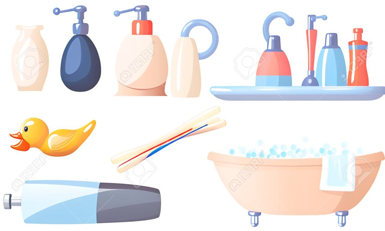 Set of bathroom accessories toothbrushes, toothpaste, toilet paper, liquid soap, ear sticks, bathtub, bath duck. Vector illustration