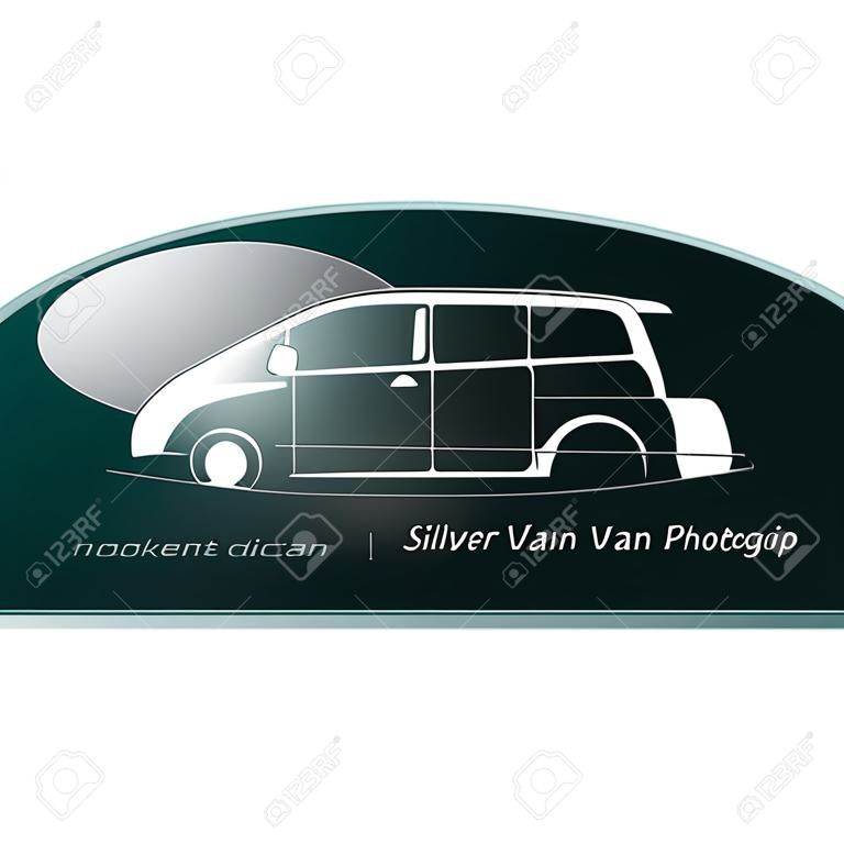Silver mini van on dark green background, creative icon symbol. Collection concept vector pictogram for infographic project and logo.