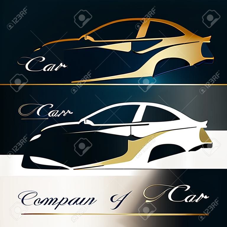Car company dark and white background. Gold silhouette car. Badge, app emblem. Design element. Vector illustration.