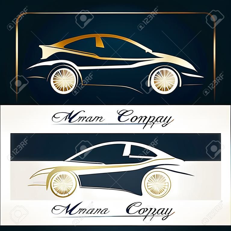Car company dark and white background. Gold silhouette car. Badge, app emblem. Design element. Vector illustration.
