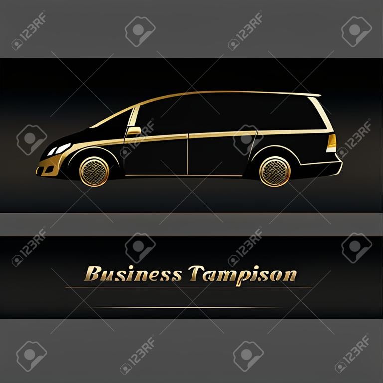 Modelo de cartão de visita. Minivan de ouro moderno em logotipo buisness fundo preto. Ilustração vetorial.
