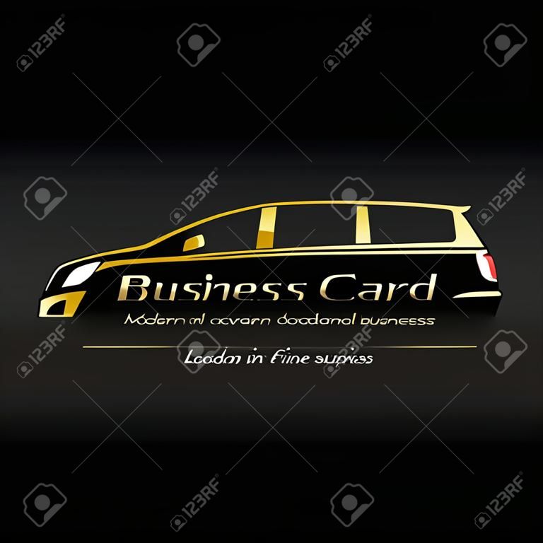 名片模板現代黃金小貨車在黑色背景商業標誌。矢量圖。