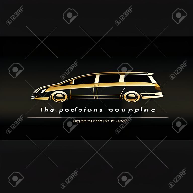 Business card template. Modern gold minivan in black background buisness logo. Vector illustration.