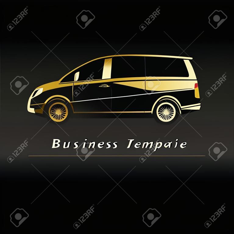 Visitekaartje sjabloon. Moderne gouden minivan in zwarte achtergrond buisness logo. Vector illustratie.