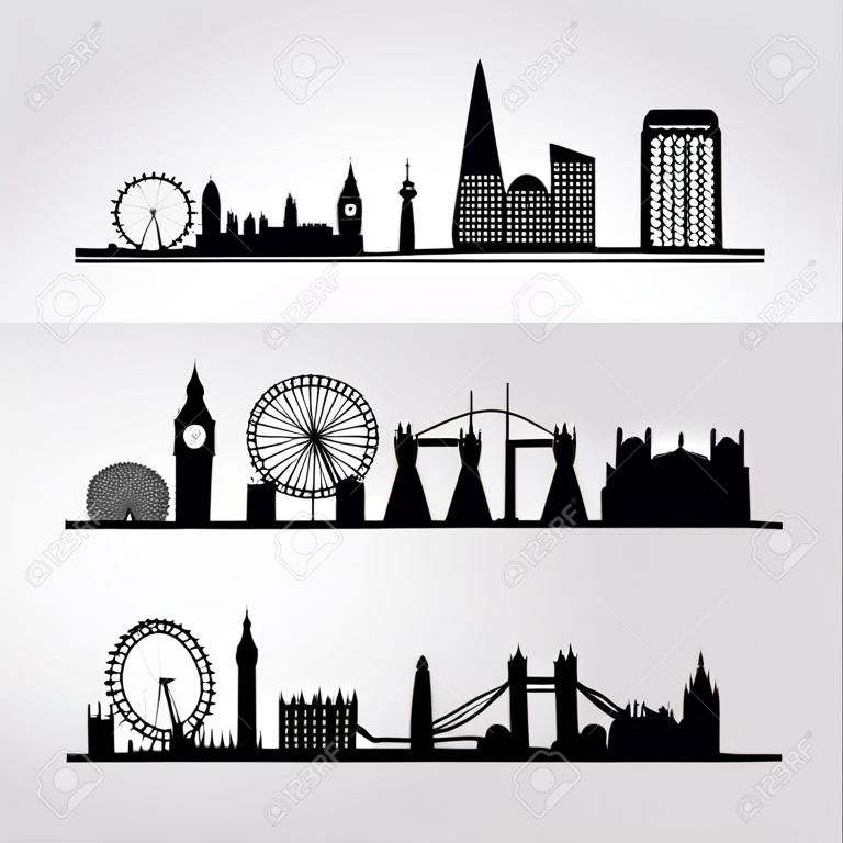 London-Skyline und Marksteinschattenbild, Schwarzweiss-Design, Vektorillustration.