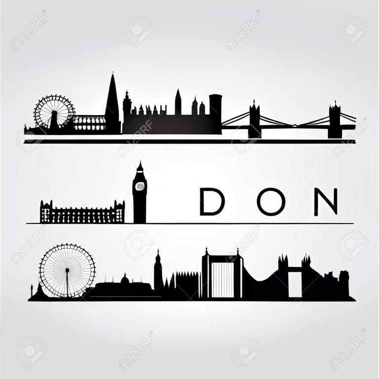 Siluetta dell'orizzonte e dei punti di riferimento di Londra, progettazione in bianco e nero, illustrazione di vettore.