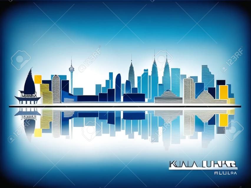 Куала-Лумпур, синий силуэт линии с отражением. Векторные иллюстрации.