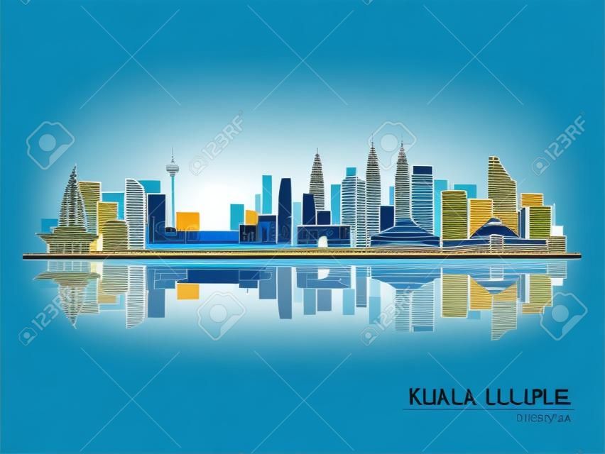Kuala Lumpur, yansımalı mavi silüet silueti. Vektör illüstrasyonu.