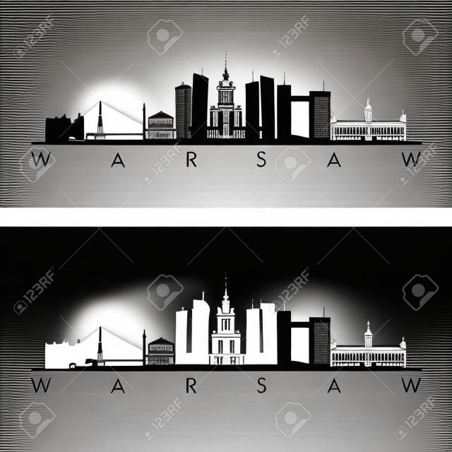 Warschau skyline en bezienswaardigheden silhouet, zwart-wit ontwerp, vector illustratie.