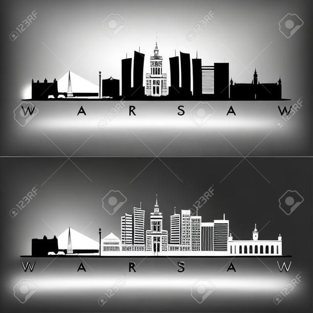 Warsaw skyline and landmarks silhouette, black and white design, vector illustration.