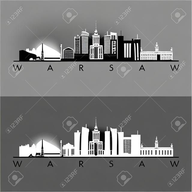 Warschau skyline en bezienswaardigheden silhouet, zwart-wit ontwerp, vector illustratie.