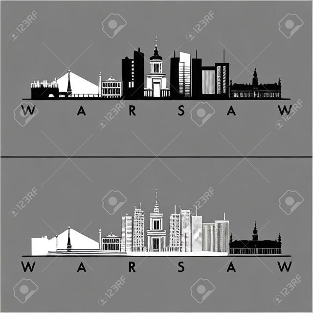 Varşova manzarası ve simge yapısı, siyah-beyaz tasarım, vektör çizim.