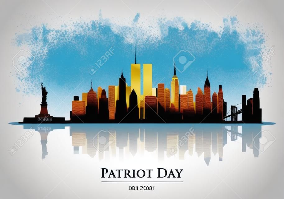 Torres gemelas en el horizonte de la ciudad de Nueva York. World Trade Center. 11 de septiembre de 2001 Día Nacional del Recuerdo. Banner de aniversario del día del patriota. Ilustración vectorial.